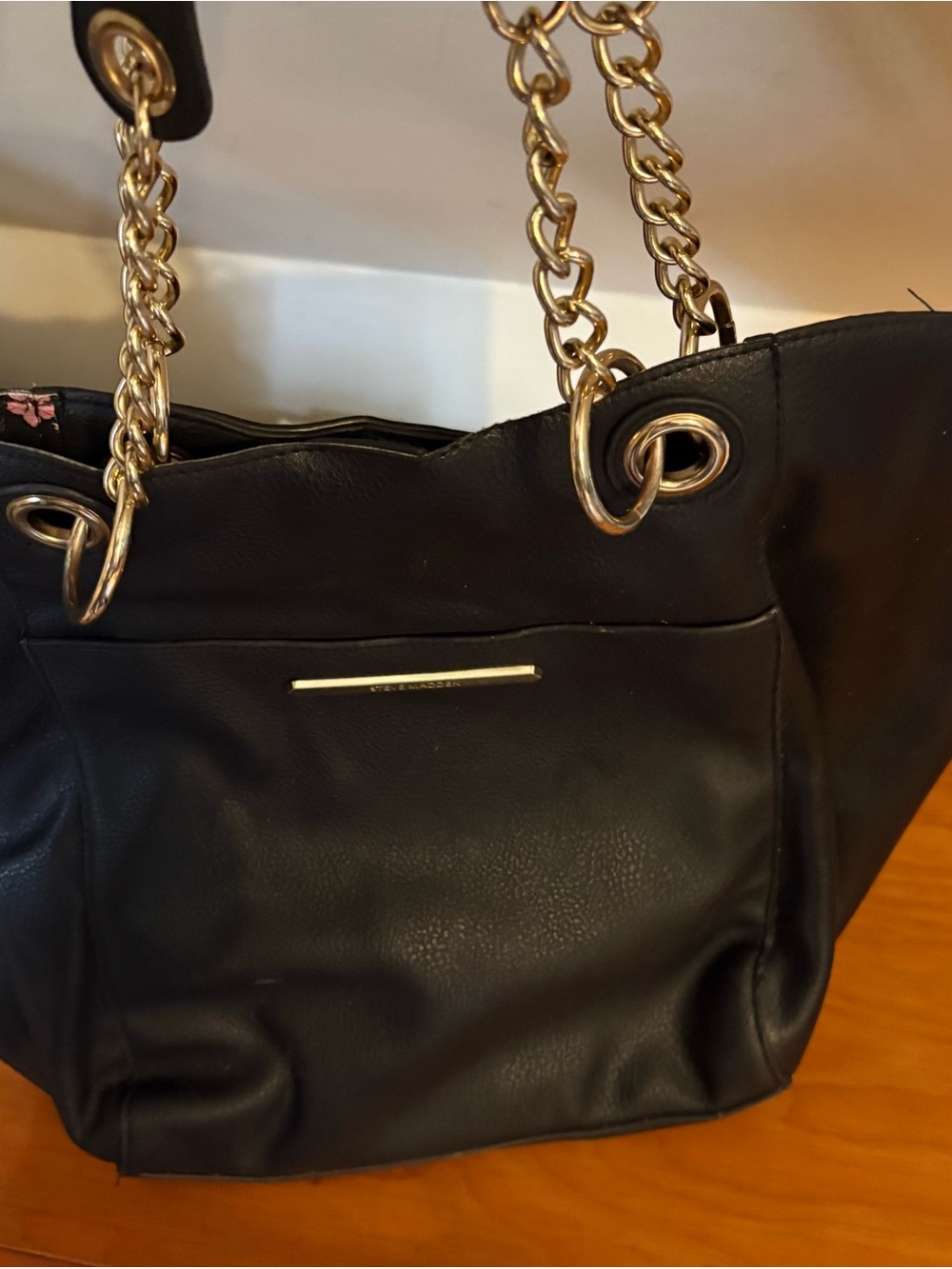 Black Leather Tote with Pink Floral Lining